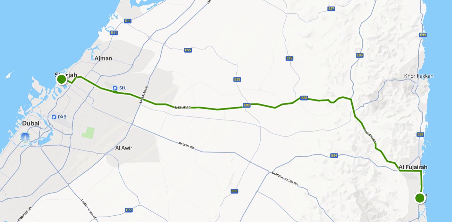 Kalba to Sharjah Bus 611 Route Map